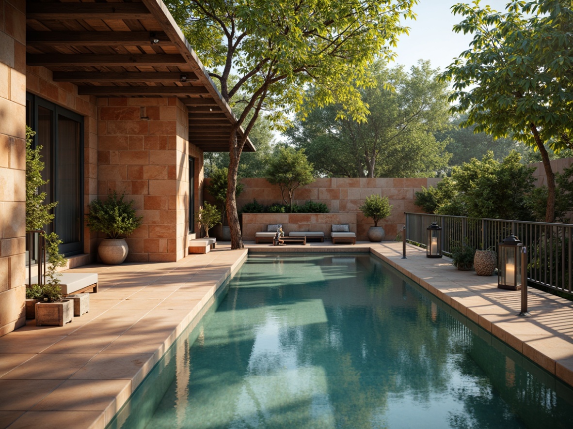 Prompt: Rustic swimming pool, natural stone walls, earthy tone terracotta tiles, weathered wooden decking, distressed metal railings, vintage lanterns, lush greenery, overhanging trees, dappled shading, warm sunlit ambiance, soft focus, shallow depth of field, 1/1 composition, serene atmosphere, realistic water reflections, ambient occlusion.