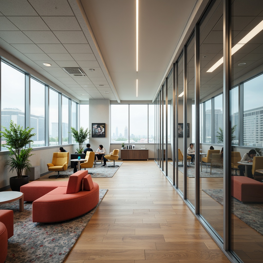 Prompt: Modern office space, sleek glass partitions, minimalist design, silver metal frames, transparent glass walls, natural light filtering, open floor plan, collaborative workspaces, comfortable lounge areas, vibrant colorful furniture, ergonomic chairs, wooden flooring, subtle texture patterns, soft warm lighting, 1/1 composition, realistic reflections, ambient occlusion.