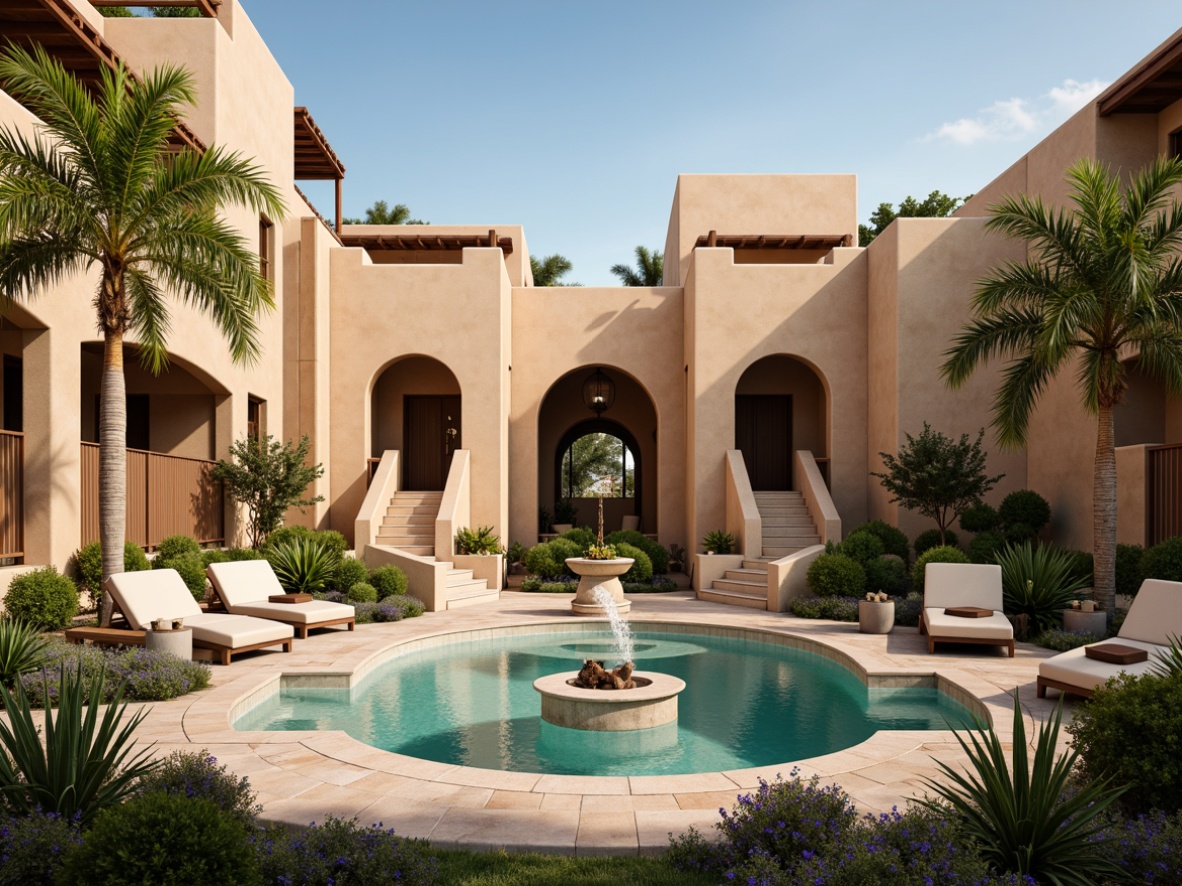 Prompt: Adobe earth tones, warm beige stucco walls, rustic wooden accents, grand entrance archways, spacious open plazas, vibrant turquoise fountains, lush greenery, palm trees, desert flora, natural stone walkways, curved staircases, clerestory windows, high ceilings, airy atriums, modern Southwestern architecture, earthy color palette, warm ambient lighting, shallow depth of field, 3/4 composition, panoramic view, realistic textures, ambient occlusion.