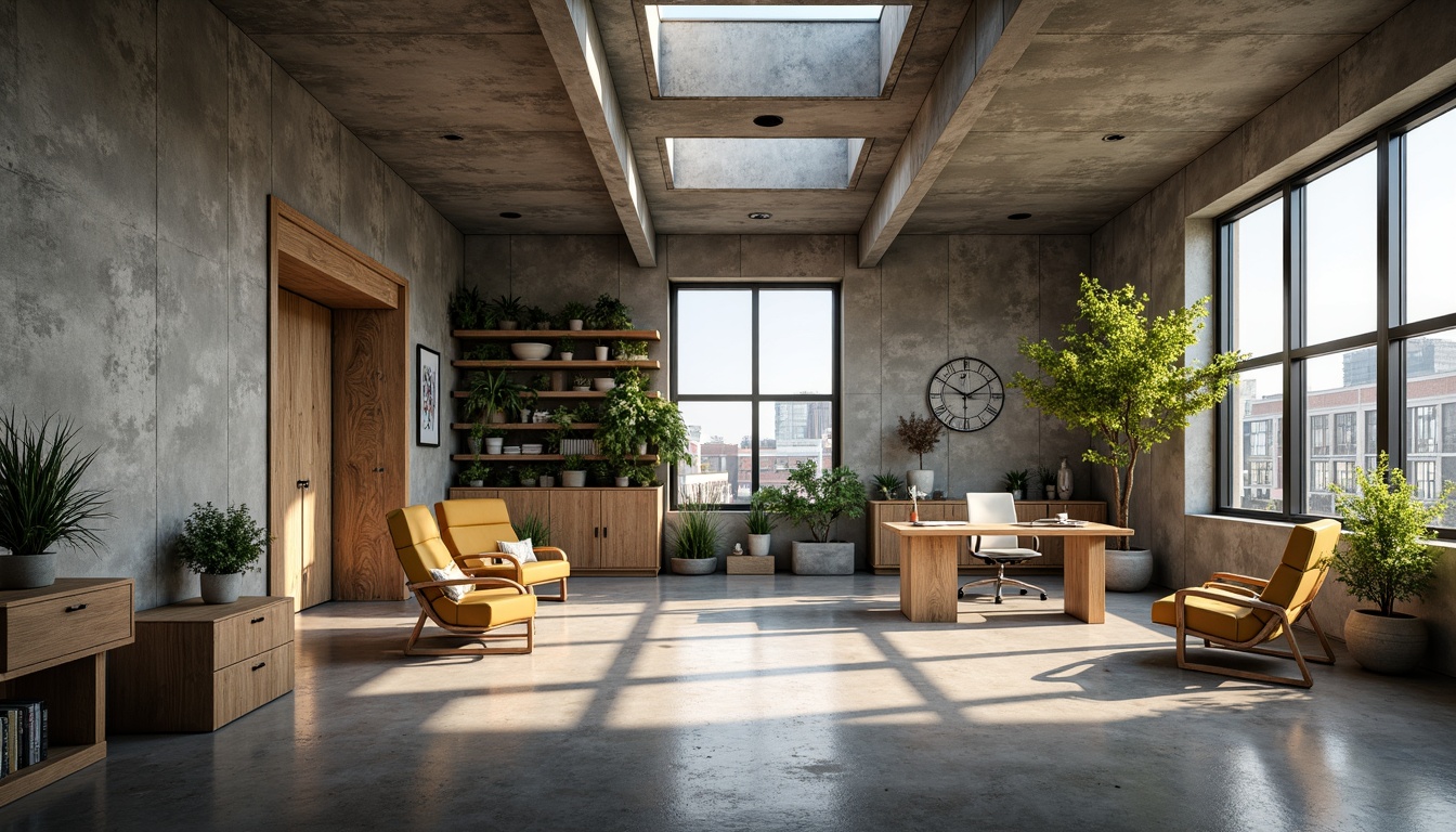 Prompt: Rugged concrete walls, industrial metal beams, minimalist desk, ergonomic chair, abundant natural light, large windows, clerestory openings, skylights, warm wooden accents, reclaimed wood shelves, potted greenery, living wall, urban landscape views, morning sunlight, soft diffused lighting, shallow depth of field, 2/3 composition, realistic textures, ambient occlusion.