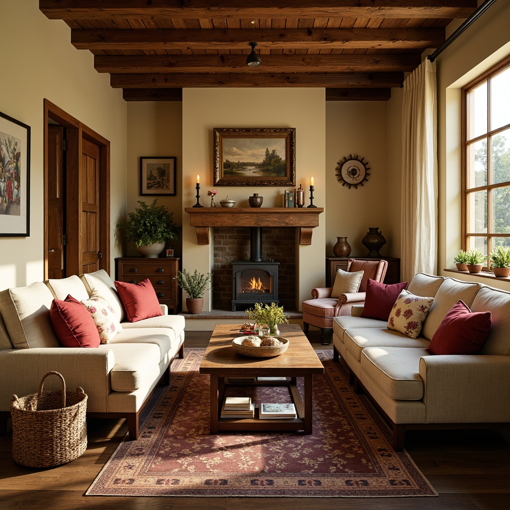 Prompt: Cozy family room, rustic French country style, warm beige walls, distressed wood furniture, plush velvet sofas, soft golden lighting, natural fiber textiles, linen upholstery, cotton throw pillows, vintage floral patterns, subtle stripes, rich jewel tones, burgundy red accents, earthy brown hues, woven baskets, antique wooden decor, rustic metal frames, soft candlelight, shallow depth of field, 2/3 composition, warm atmospheric perspective.