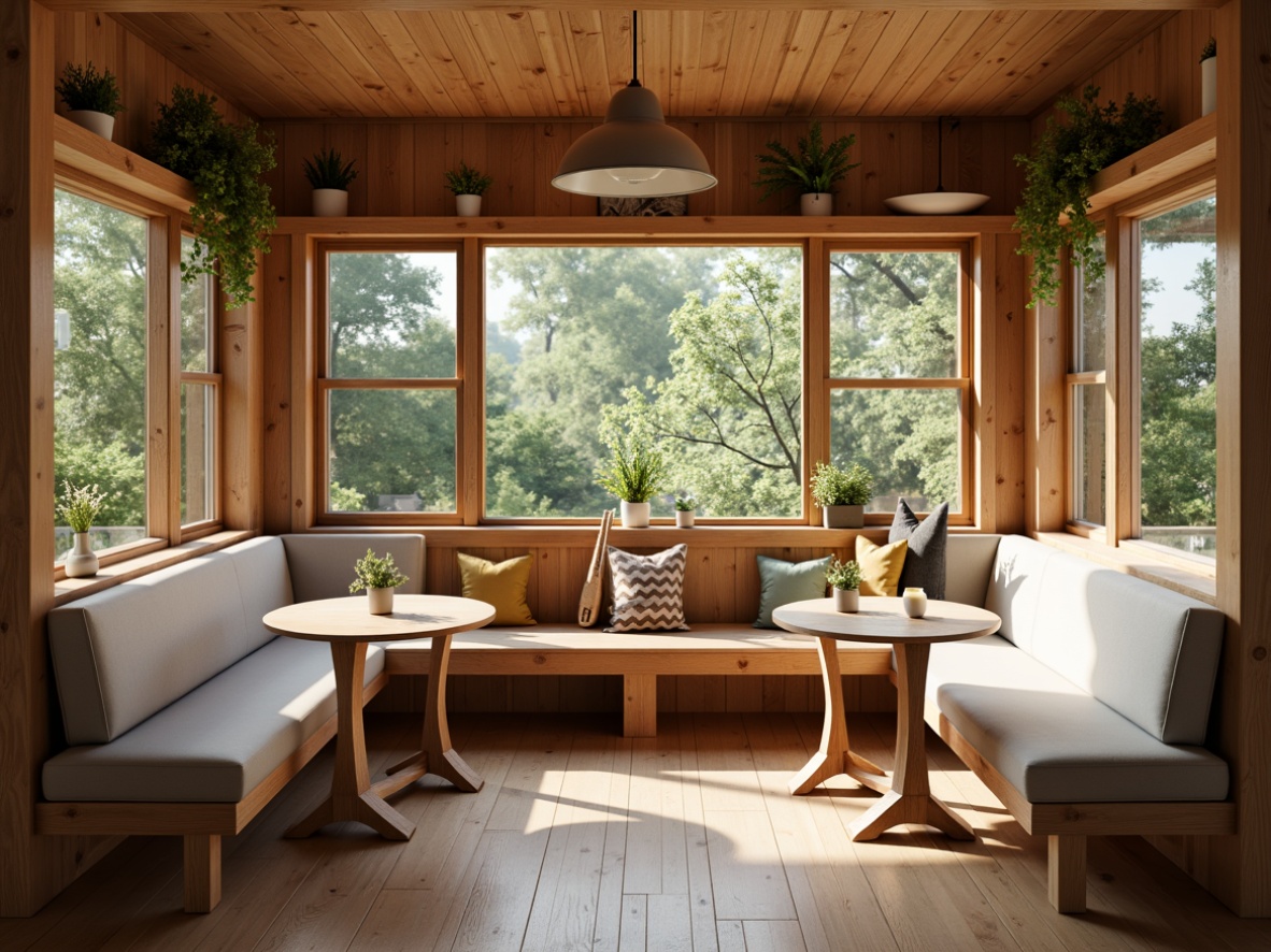 Prompt: Cozy breakfast nook, warm lighting, natural wood tones, soft cushioned benches, rustic wooden tables, minimalist decor, compact layout, efficient storage, built-in shelves, corner cabinets, pendant lamps, greenery views, morning sunlight, gentle color palette, 3/4 composition, shallow depth of field, realistic textures.