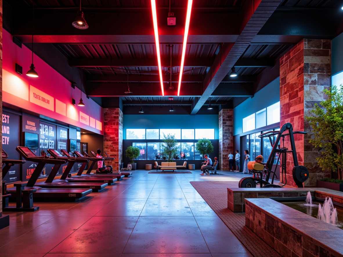 Prompt: Vibrant fitness studio, energetic color scheme, bold red accents, calming blue tones, motivational quotes, industrial metal beams, polished concrete floors, modern LED lighting, dynamic shadows, high-contrast visuals, 1/2 composition, dramatic angle shots, intense workout atmosphere, refreshing water features, sleek exercise equipment, rubber flooring, mirrored walls, invigorating citrus scents, revitalizing greenery, natural stone accents.