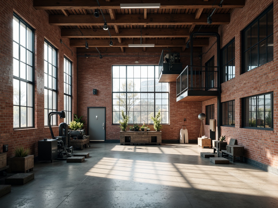 Prompt: Industrial factory setting, minimalist aesthetic, exposed brick walls, metal beams, polished concrete floors, large windows, natural light, industrial machinery, steel pipes, functional decor, reclaimed wood accents, simple color palette, neutral tones, urban atmosphere, gritty textures, dramatic shadows, high contrast lighting, 1/1 composition, symmetrical framing, abstract background blur.