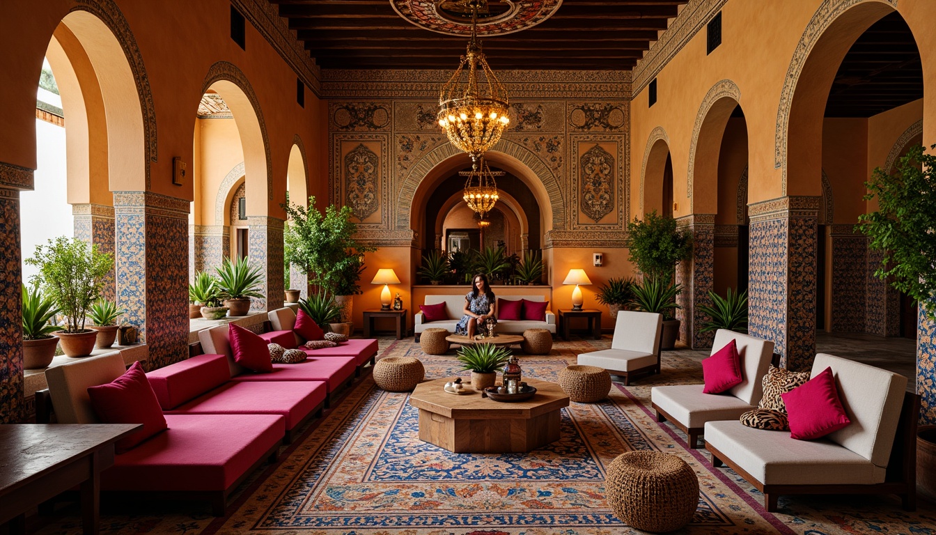 Prompt: Vibrant Moroccan riad, intricately patterned tiles, colorful zellij mosaics, ornate Arabic arches, plush velvet pillows, exotic lanterns, fragrant hookah lounge, warm golden lighting, shallow depth of field, 1/2 composition, rustic wooden accents, distressed finishes, eclectic global decor, rich textiles, bold color blocking, ambient occlusion.