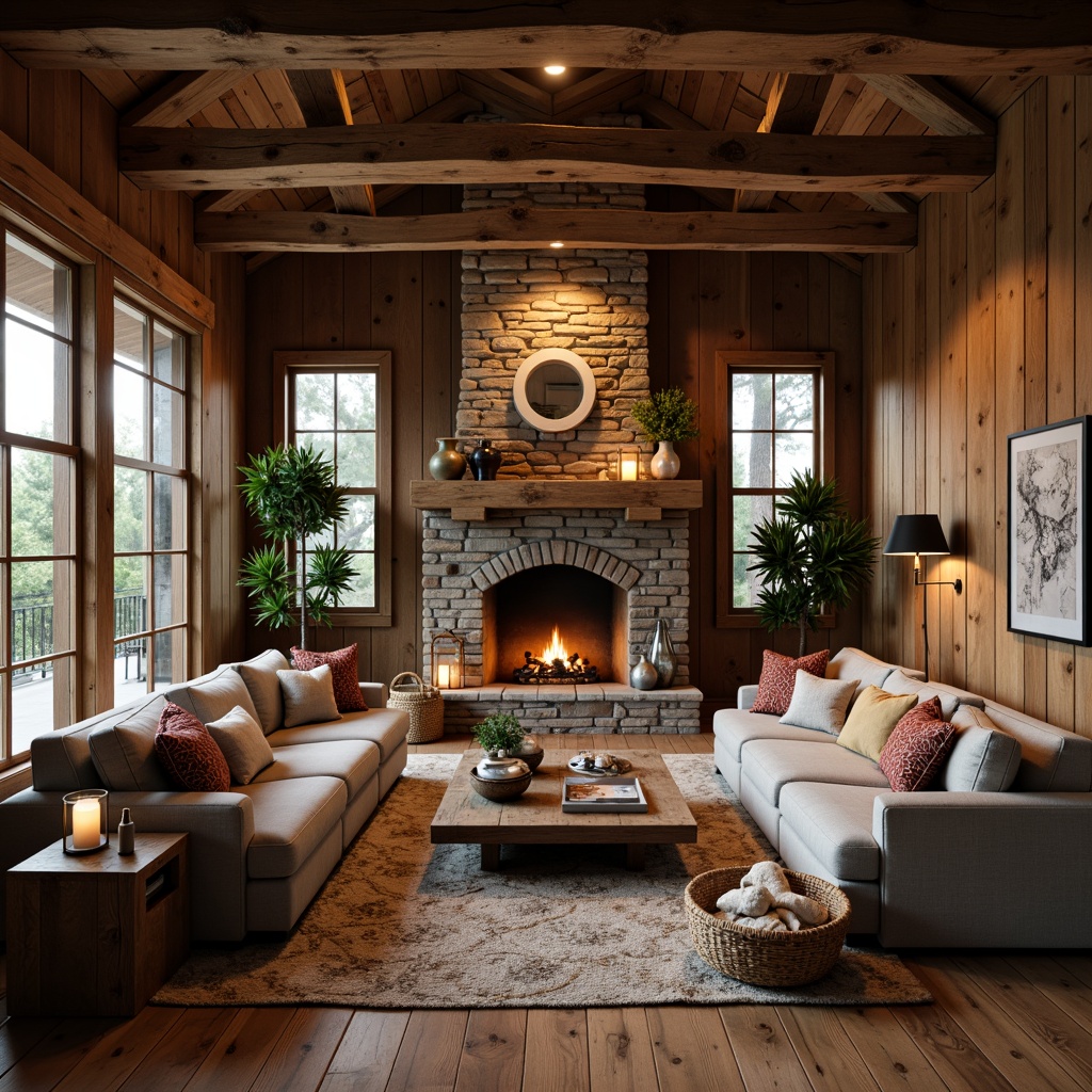 Prompt: Cozy family room, rustic wooden walls, reclaimed wood flooring, natural stone fireplace, earthy color palette, warm ambient lighting, plush sectional sofas, vintage decorative items, woven baskets, distressed metal accents, rough-hewn wooden beams, soft candlelight, shallow depth of field, 1/1 composition, realistic textures, ambient occlusion.