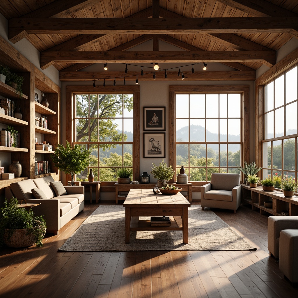 Prompt: Rustic high school, farmhouse style design, exposed beams, wooden ceiling, natural textures, earthy tones, vintage decor, reclaimed wood accents, metal lanterns, pendant lighting, cozy reading nooks, built-in shelving, distressed finishes, warm color palette, soft diffused lighting, shallow depth of field, 2/3 composition, rustic country landscape, rolling hills, wildflower fields, sunny afternoon, gentle breeze, realistic wood grain textures, ambient occlusion.