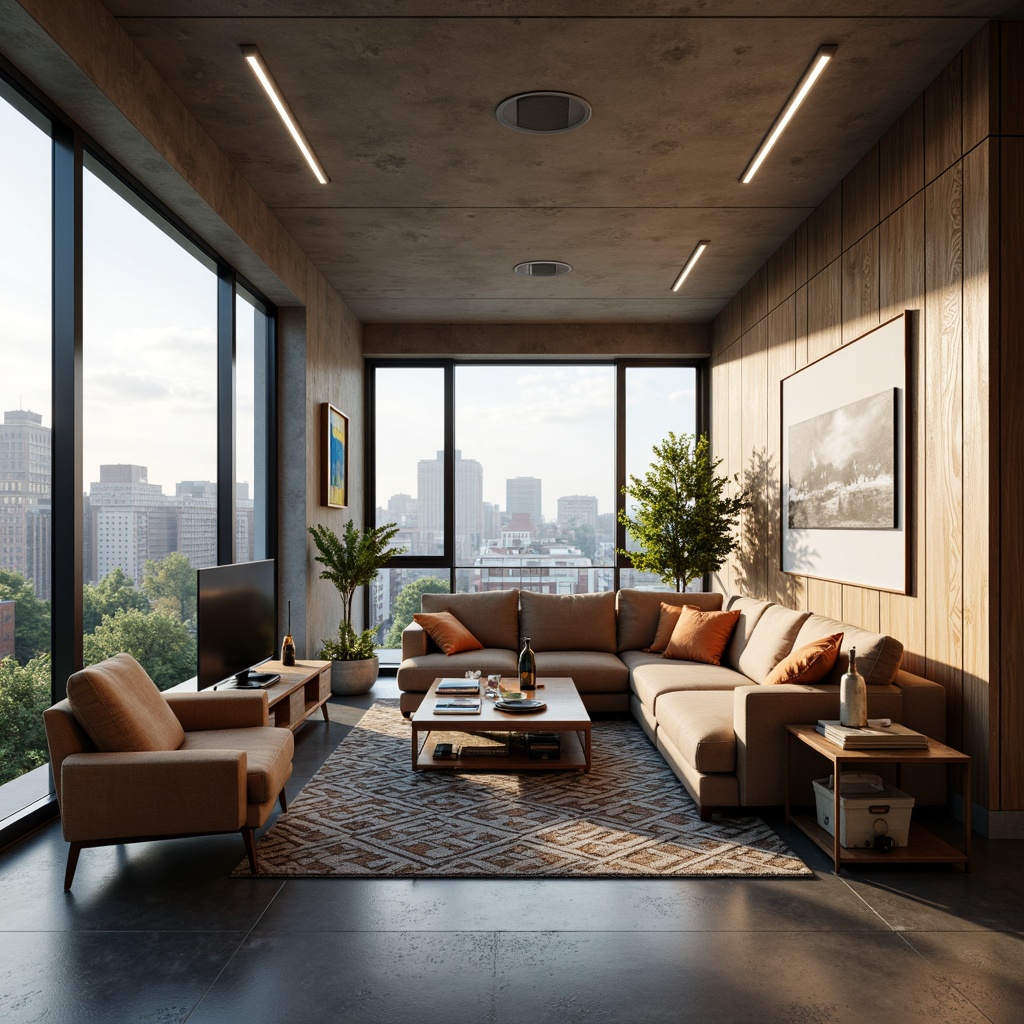 Prompt: Cozy living room, minimalist decor, sleek low-profile furniture, comfortable plush sofas, accent walls, modern art pieces, floor-to-ceiling windows, natural light, urban city views, industrial-chic concrete floors, rustic wooden accents, geometric patterned rugs, ambient warm lighting, shallow depth of field, 1/1 composition, realistic textures, soft focus blur.