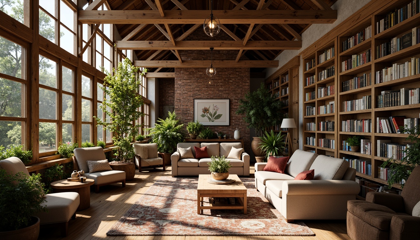 Prompt: Rustic library, farmhouse style, natural lighting, wooden beams, exposed brick walls, cozy reading nooks, plush armchairs, vintage bookshelves, warm wood tones, earthy color palette, soft warm glow, large windows, skylights, clerestory windows, lush greenery, potted plants, botanical prints, comfortable seating areas, quiet atmosphere, peaceful ambiance, shallow depth of field, 1/1 composition, realistic textures, ambient occlusion.