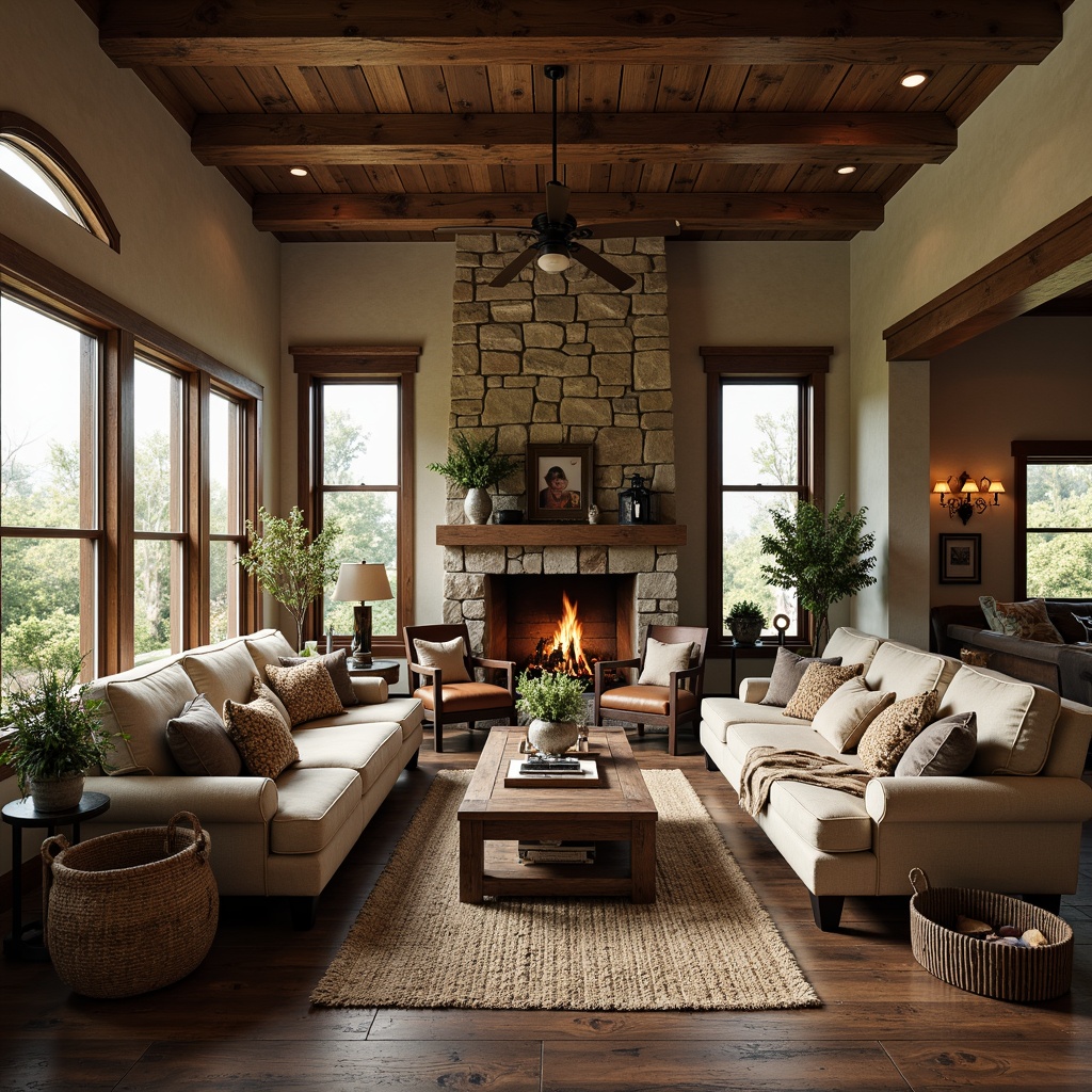 Prompt: Rustic family room, wooden accents, distressed finishes, natural stone walls, earthy color palette, plush sectional sofas, chunky throw blankets, woven baskets, vintage metal lanterns, reclaimed wood coffee tables, stone fireplaces, crackling flames, warm cozy ambiance, soft diffused lighting, shallow depth of field, 2/3 composition, rustic wooden flooring, worn leather armchairs, natural fiber rugs, potted greenery, family photos, sentimental decorations.