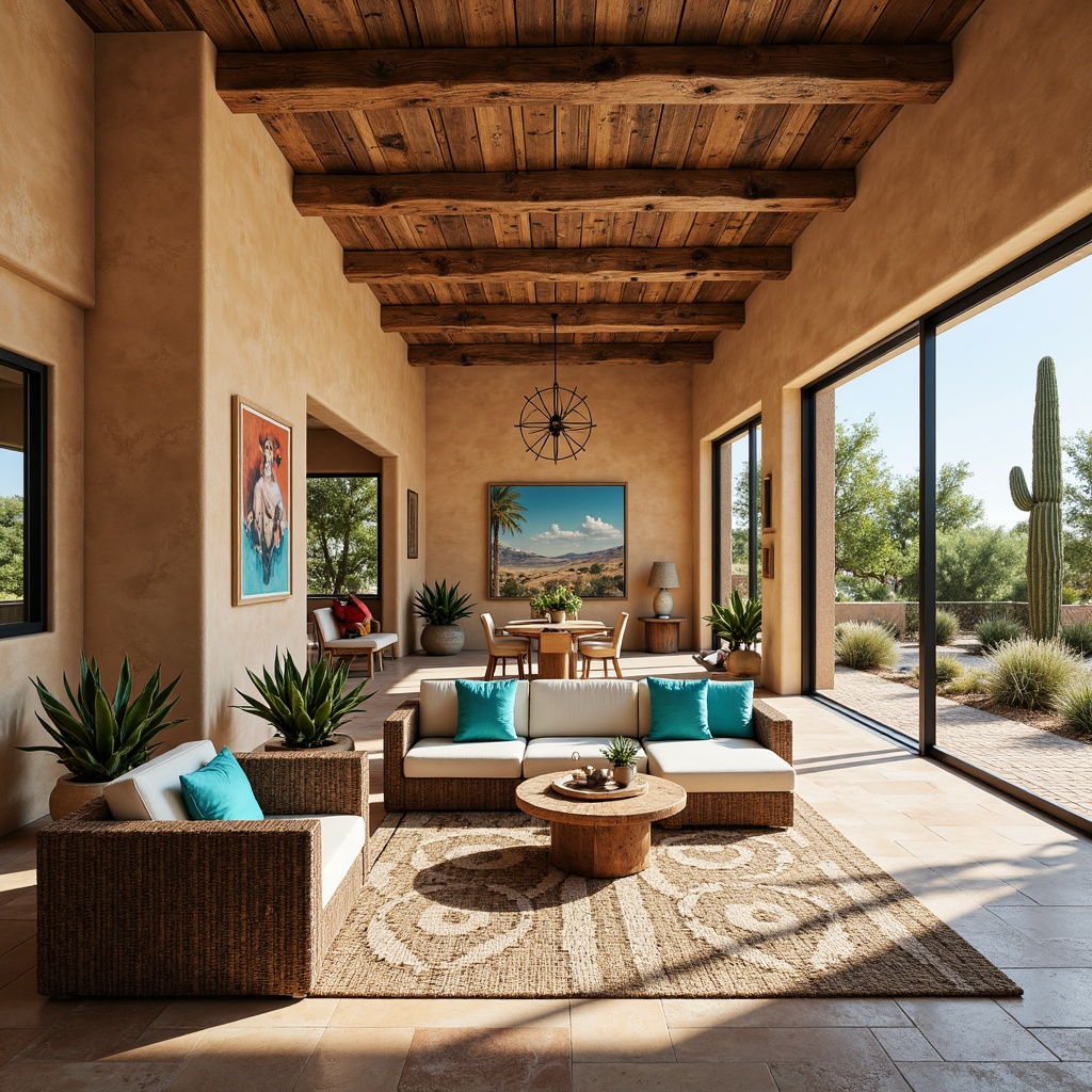 Prompt: Vibrant Southwestern interior, open concept living area, natural stone flooring, earthy tone color palette, woven textiles, geometric patterns, rustic wooden accents, large windows, sliding glass doors, abundant natural light, airy atmosphere, comfortable seating areas, plush furnishings, vibrant turquoise accents, cacti plants, desert-inspired artwork, warm neutral tones, soft ambient lighting, shallow depth of field, 3/4 composition, panoramic view, realistic textures, ambient occlusion.