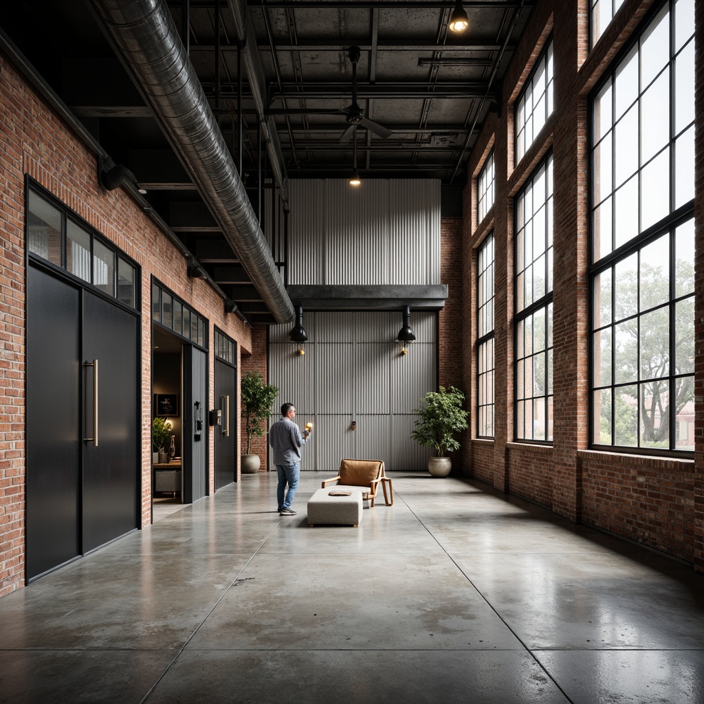 Prompt: Industrial chic warehouse, exposed brick walls, corrugated metal textures, modern minimalist aesthetic, sleek steel beams, polished concrete floors, urban loft atmosphere, natural light pouring in, large glass windows, metallic color palette, bold geometric shapes, edgy architectural lines, gritty urban feel, dramatic shadows, high contrast lighting, 3/4 composition, realistic reflections, ambient occlusion.