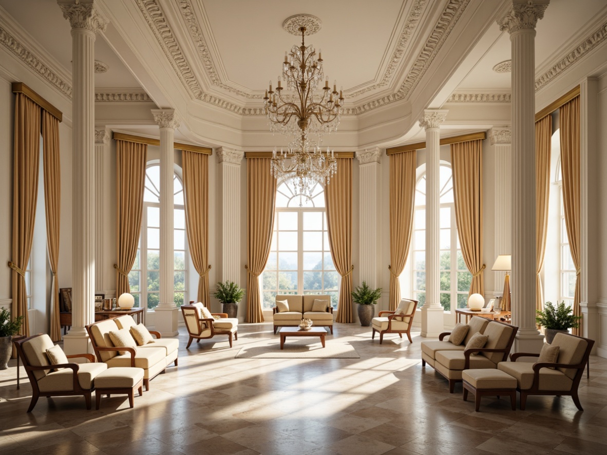 Prompt: Elegant neoclassical interior, ornate moldings, intricate carvings, classical columns, symmetrical compositions, soft cream colors, rich wood tones, luxurious fabrics, velvet drapes, crystal chandeliers, refined furniture pieces, subtle gold accents, sophisticated textures, shallow depth of field, 1/1 composition, warm softbox lighting, realistic reflections.