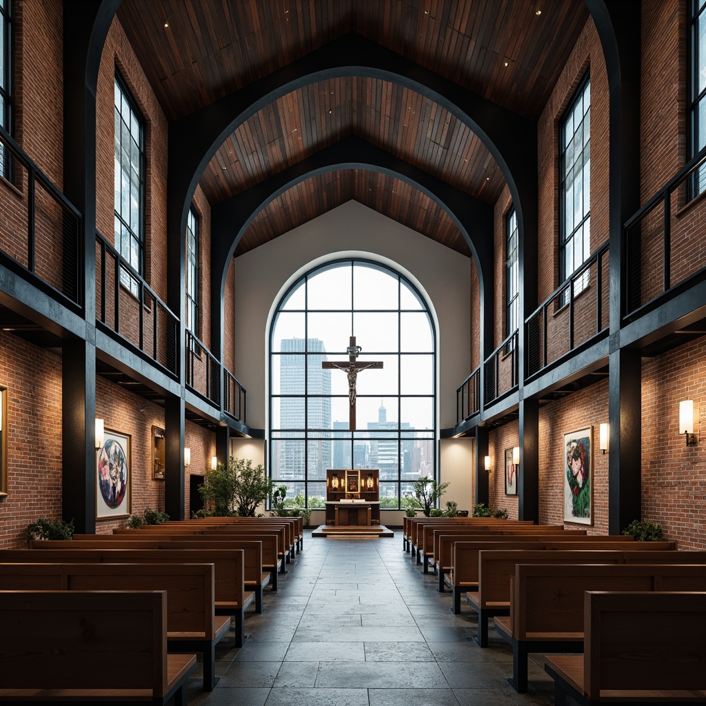 Prompt: Modern industrial chapel, exposed brick walls, metal beams, reclaimed wood accents, stained glass windows, vaulted ceilings, minimalist pews, abstract spiritual symbols, natural stone floors, dramatic lighting effects, misty atmosphere, shallow depth of field, 1/2 composition, symmetrical view, realistic textures, ambient occlusion, sacred artifacts, ornate altar, industrial-style crucifix, sleek metal railings, urban cityscape backdrop, overcast skies, soft warm lighting.