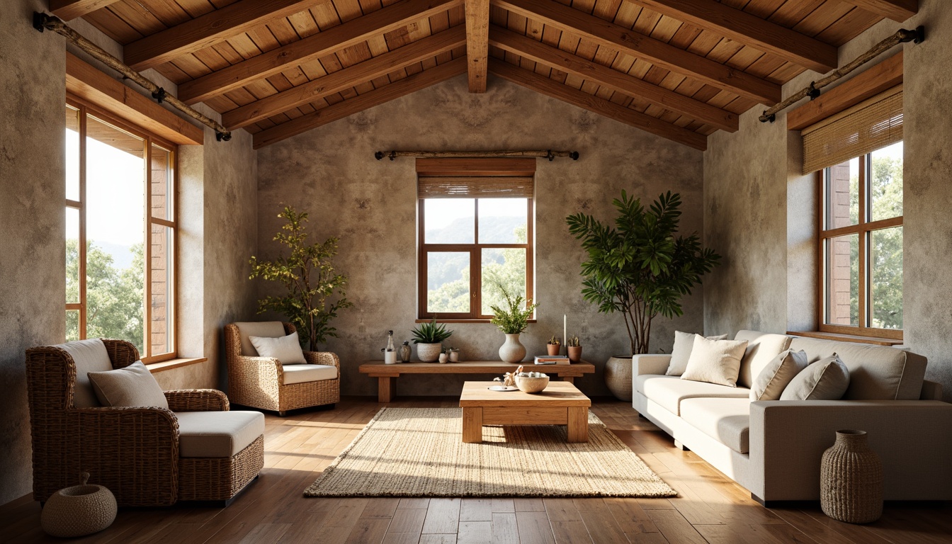 Prompt: Rustic wooden cabin, natural stone walls, earthy tone flooring, reclaimed wood accents, woven wicker furniture, jute rug, linen upholstery, woven bamboo blinds, organic shape decorations, warm beige color palette, soft diffused lighting, 1/1 composition, shallow depth of field, realistic textures, ambient occlusion.