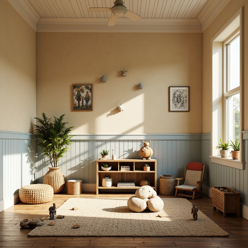 Prompt: Whimsical kids' room, vernacular style, warm beige walls, creamy white trim, soft blue accents, playful polka dots, vintage toys, distressed wood furniture, rustic metal decor, natural fiber rugs, sunny afternoon light, gentle shadows, 1/2 composition, warm color harmony, textured brushstrokes.