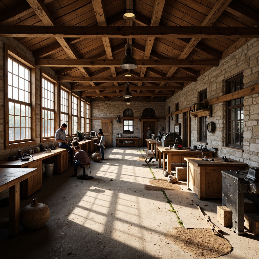 Prompt: Rustic workshop, exposed wooden beams, distressed wood accents, earthy color palette, industrial metal tools, vintage machinery, worn concrete floors, rough-hewn stone walls, warm atmospheric lighting, soft shadows, shallow depth of field, 1/1 composition, realistic textures, ambient occlusion.