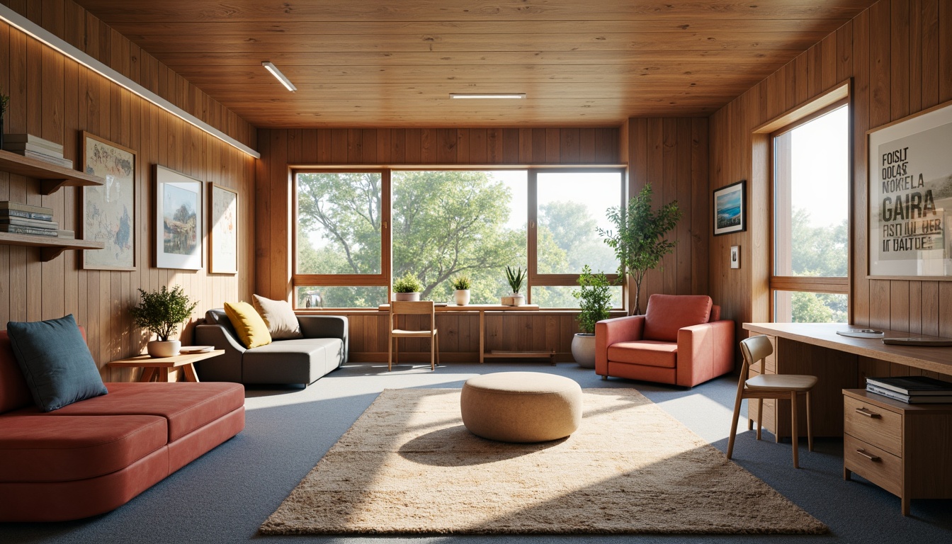 Prompt: Cozy dorm rooms, warm wood tones, soft carpet flooring, comfortable bedding, modern desks, ergonomic chairs, floor-to-ceiling windows, natural light, calming color schemes, acoustic panels, minimalist decor, functional shelving, durable furniture, vibrant accent walls, collaborative study spaces, inspirational quotes, rustic wooden accents, textured rugs, soothing ambient lighting, 1/1 composition, shallow depth of field, realistic textures.