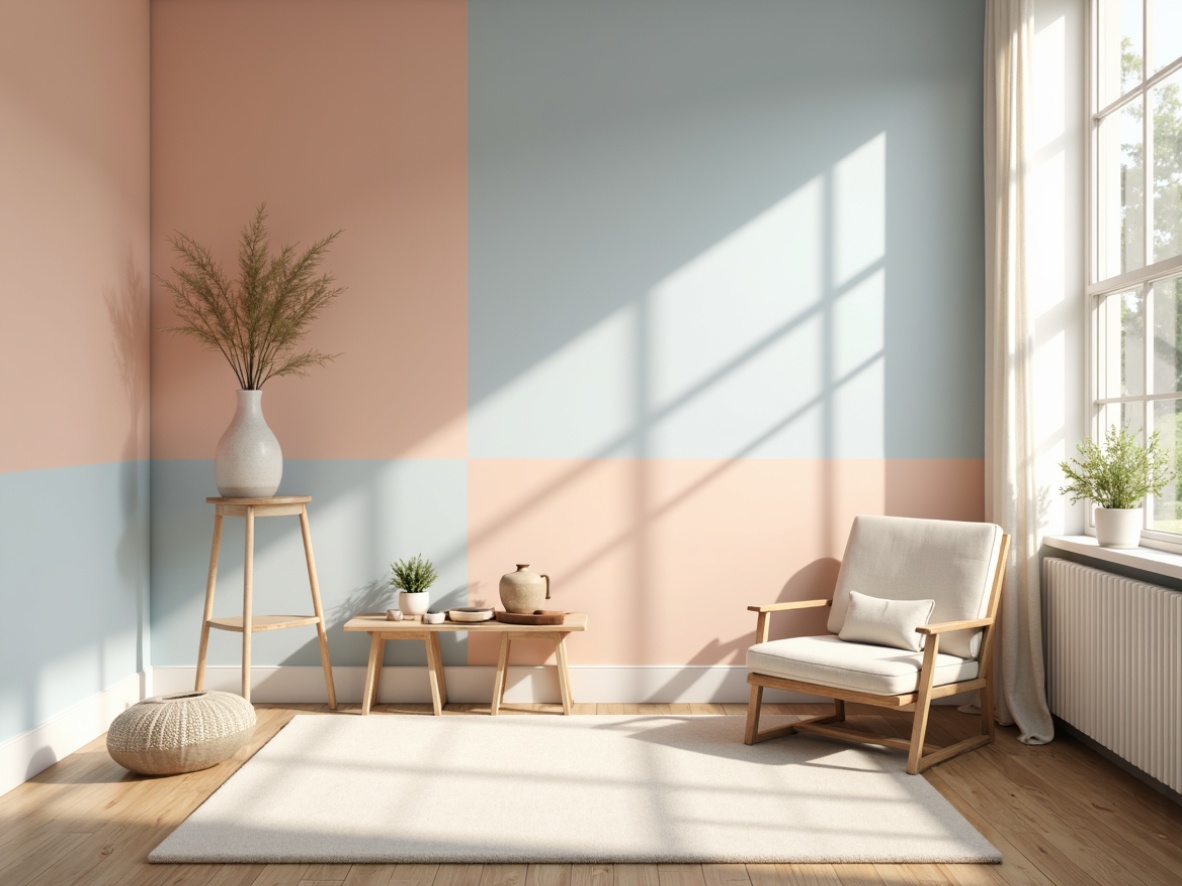 Prompt: Soothing color scheme, pastel hues, gentle gradients, soft peach tones, calming blue shades, creamy whites, warm beige accents, natural wood textures, minimalist design, Scandinavian-inspired aesthetic, cozy atmosphere, afternoon sunlight, subtle shadowing, 1/1 composition, realistic renderings, ambient lighting.