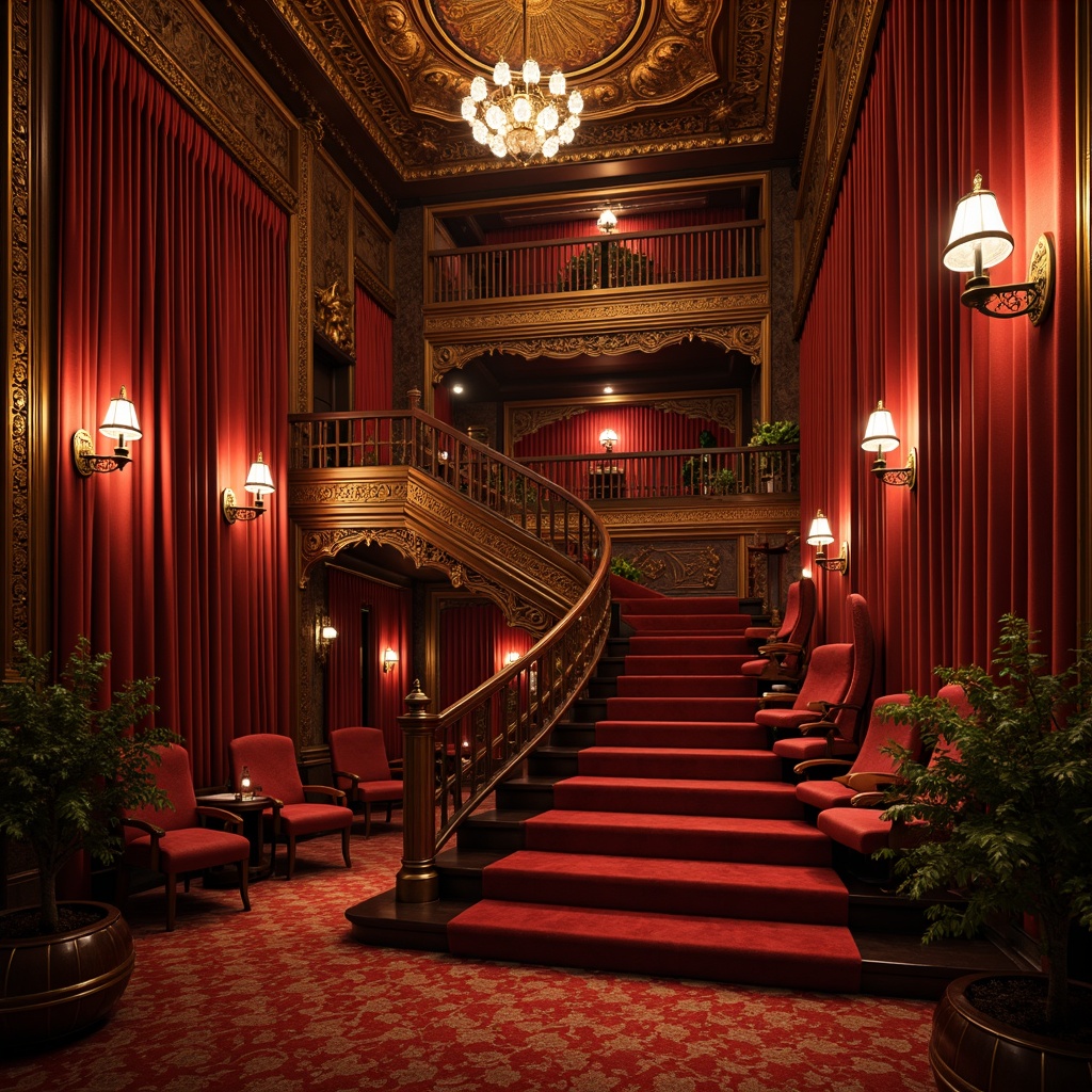 Prompt: Luxurious cinema interior, Victorian-style ornate details, rich red velvet curtains, gilded frames, intricate carvings, plush reclining seats, polished wooden armrests, soft golden lighting, crystal chandeliers, grandiose staircase, ornate balconies, crimson carpeting, lavish drapery, elegant sconces, refined upholstery, sophisticated ambiance, warm inviting atmosphere, shallow depth of field, 1/2 composition, dramatic spotlights, realistic textures, ambient occlusion.