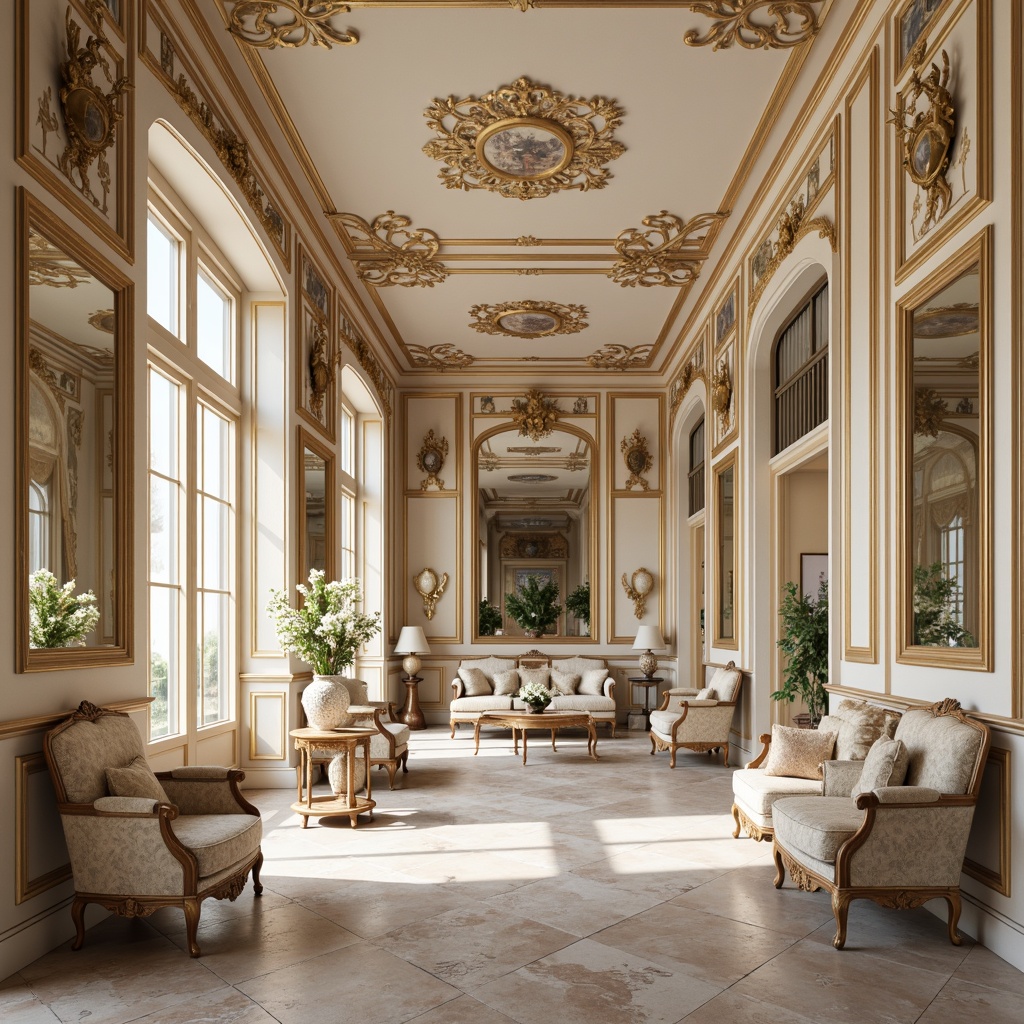 Prompt: Luxurious Rococo interior, soft golden lighting, ornate mirrors, lavish furnishings, intricately carved wood, delicate porcelain vases, pastel hues, creamy whites, blush pinks, pale blues, muted golds, rich velvets, ornamental patterns, French Renaissance influences, opulent textures, subtle sheen, elegant curves, refined details, warm beige tones, gentle cream accents.