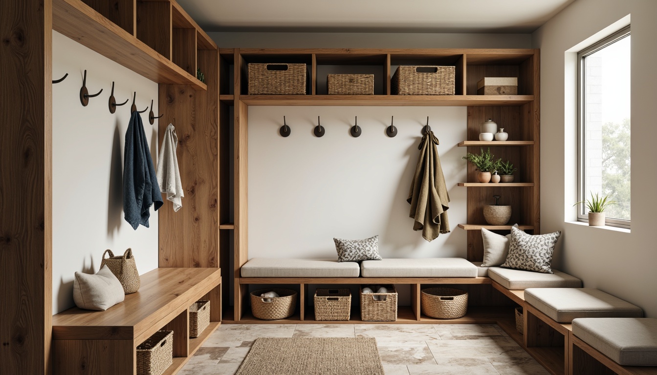 Prompt: Modern mudroom interior, sleek storage benches, woven baskets, natural wood accents, industrial metal hooks, concealed shelves, rustic stone flooring, soft warm lighting, cozy textiles, plush area rugs, built-in cabinetry, minimalist decor, functional organizers, 1/1 composition, shallow depth of field, realistic textures, ambient occlusion.