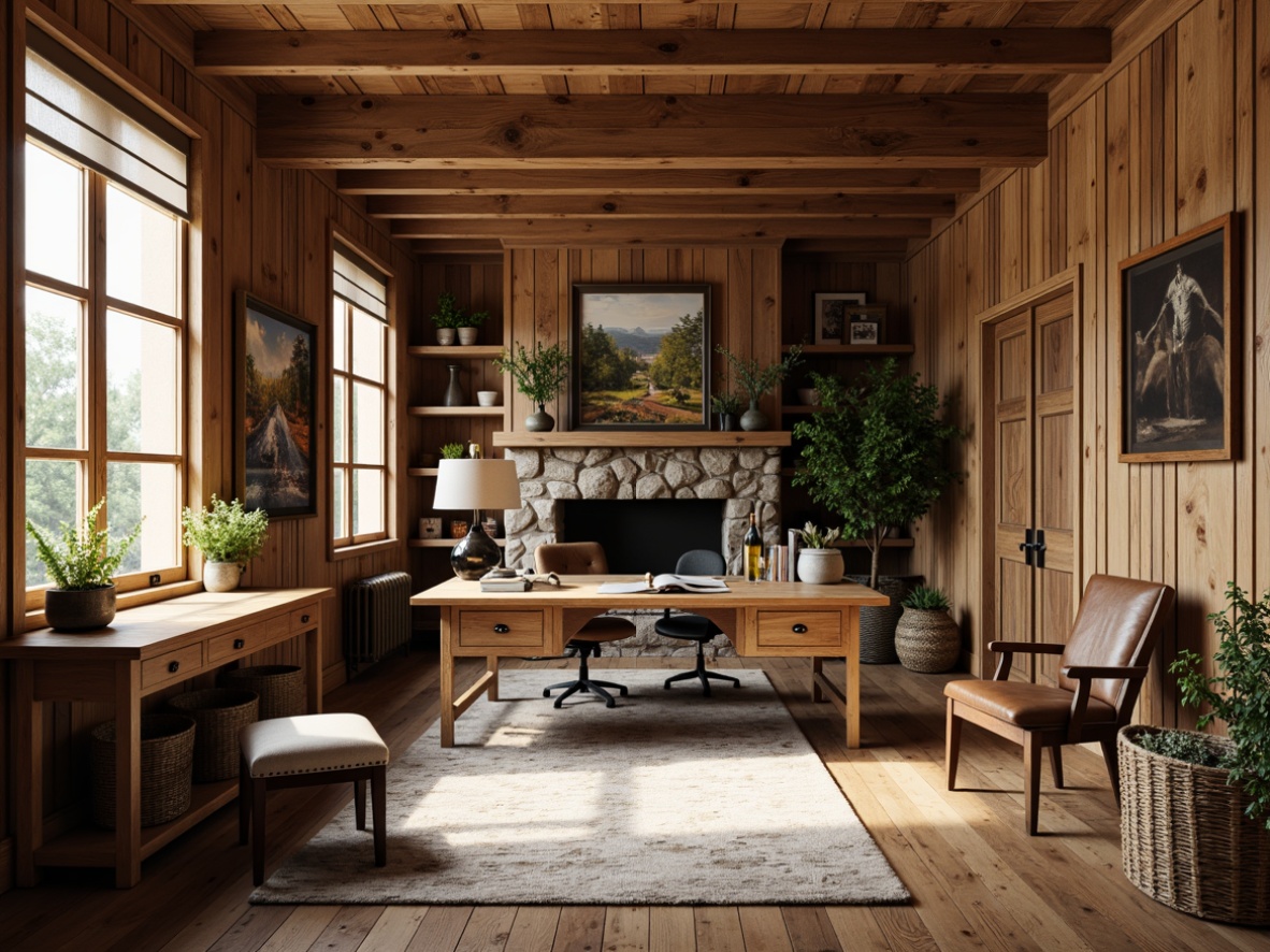 Prompt: Rustic home office, wooden plank walls, reclaimed wood accents, earthy tones, natural textures, stone fireplace, warm lighting, cozy atmosphere, vintage furniture, distressed finishes, wooden desk, leather chair, potted plants, woven baskets, nature-inspired artwork, soft color palette, organic shapes, minimal ornamentation, functional decor.