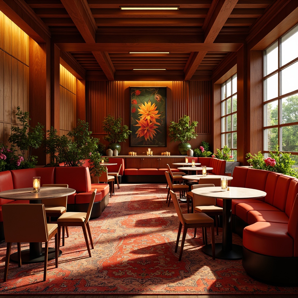 Prompt: Vibrant dining atmosphere, warm golden lighting, rich wood accents, bold red and orange hues, luxurious velvet fabrics, metallic copper details, eclectic artwork, lively patterned rugs, modern minimalist chairs, sleek marble countertops, refreshing greenery, exotic floral arrangements, aromatic scented candles, dynamic 3/4 composition, high contrast colors, dramatic shadows, warm ambient glow.