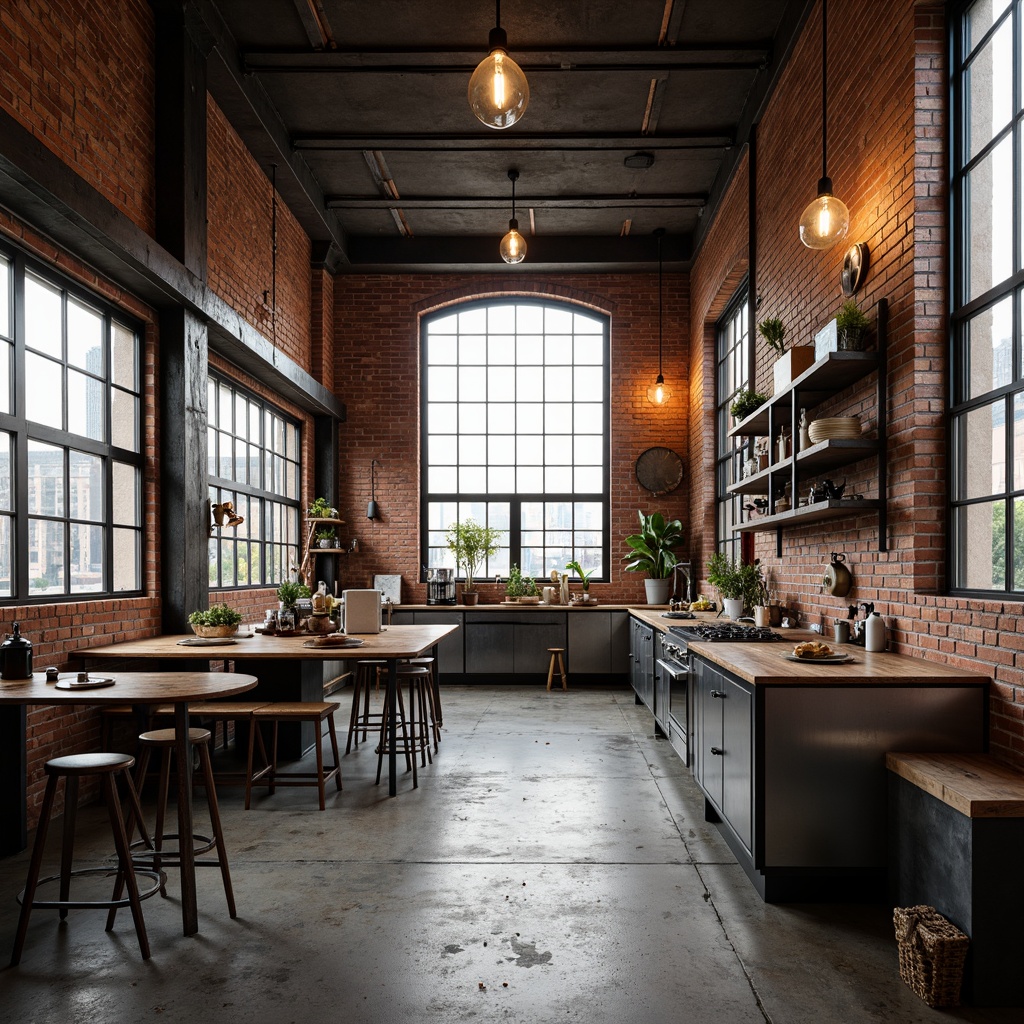 Prompt: Exposed brick walls, industrial chic decor, metal beams, reclaimed wood accents, urban loft atmosphere, vintage factory windows, distressed concrete floors, Edison bulb lighting, modern minimalist furnishings, functional metal shelving, industrial-style kitchen appliances, copper piping details, urban skyline views, natural light pouring in, shallow depth of field, 1/1 composition, realistic textures, ambient occlusion.