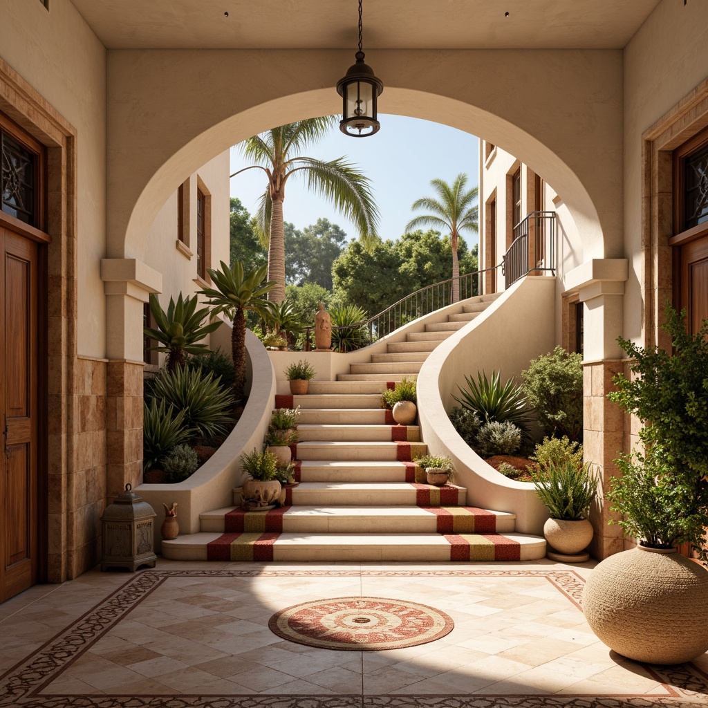 Prompt: Majestic Mediterranean staircase, ornate tile patterns, creamy white marble, terracotta red accents, rustic stone walls, curved railing, grand arches, warm golden lighting, shallow depth of field, 1/2 composition, realistic textures, ambient occlusion, natural fiber carpets, woven basketweave patterns, distressed wood accents, earthy color palette, lush greenery, potted plants, ornate metal lanterns, warm sunny day.