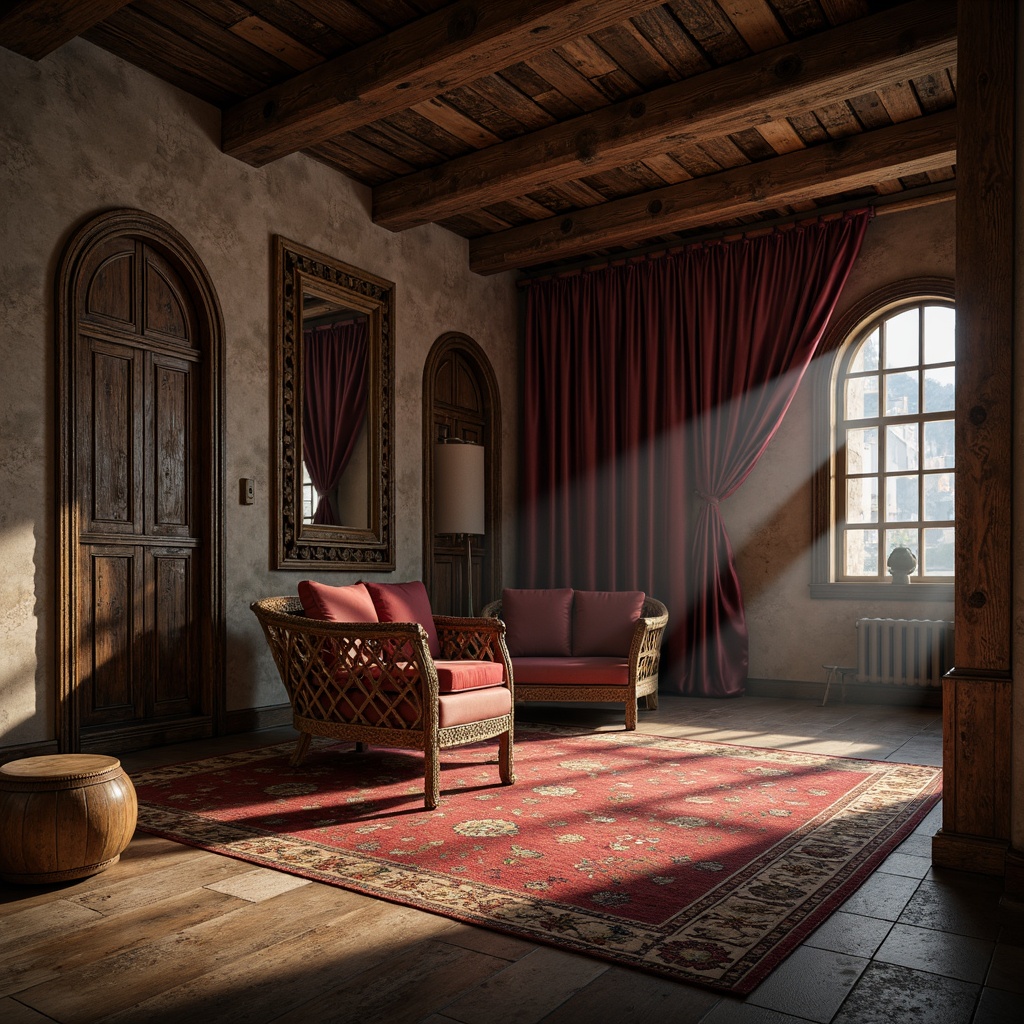 Prompt: Rustic wooden planks, weathered stone walls, distressed metal panels, intricately carved doorways, ornate ceramic tiles, richly patterned rugs, lavish velvet drapes, highly detailed 3D models, warm ambient lighting, shallow depth of field, cinematic composition, dramatic shadows, realistic textures, ambient occlusion.