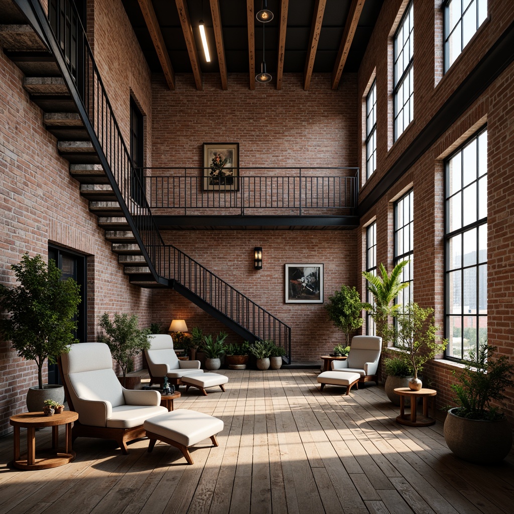 Prompt: Exposed brick walls, industrial metal beams, reclaimed wood accents, distressed wooden floors, eclectic mix of vintage furniture, modern minimalist decor, abundant natural light, large windows, metal staircase, open-plan layout, cozy reading nooks, warm task lighting, atmospheric shadows, 1/1 composition, dramatic contrast, realistic textures, ambient occlusion.