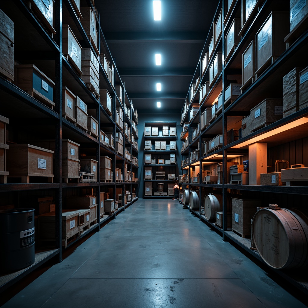 Prompt: Industrial storage room, metal shelving units, angular lines, rectangular prisms, hexagonal bins, circular drums, triangular support beams, sleek metallic surfaces, matte black finishes, neon accents, dim mood lighting, shallow depth of field, 1/1 composition, realistic textures, ambient occlusion.