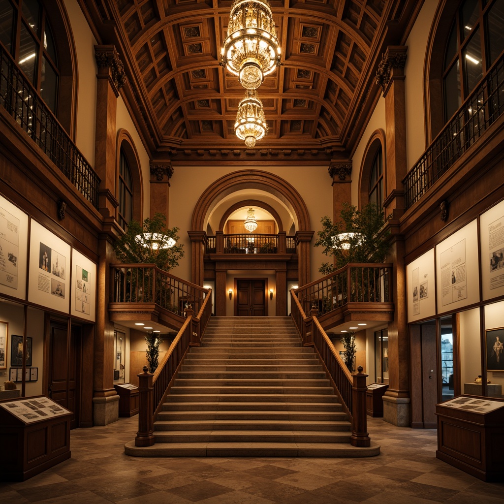 Prompt: Historic museum interior, grand staircase, ornate chandeliers, warm golden lighting, soft spotlighting, exhibits display cases, cultural artifacts, marble floors, high ceilings, elegant architecture, subtle color temperature, ambient illumination, dramatic shadows, 3-point lighting setup, warm-toned wood accents, decorative metalwork, intricate molding details, atmospheric ambiance, sophisticated LED installations, subtle color grading.