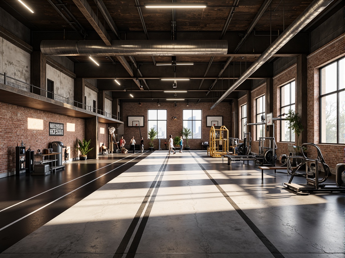 Prompt: Industrial-chic gymnasium interior, exposed steel beams, polished concrete floors, reclaimed wood accents, metallic sports equipment, modern LED lighting, urban loft-style windows, distressed brick walls, industrial-style ventilation systems, athletic track lanes, basketball hoops, exercise machines, motivational quotes, natural daylight, high ceilings, 1/2 composition, dramatic shadows, realistic textures, ambient occlusion.