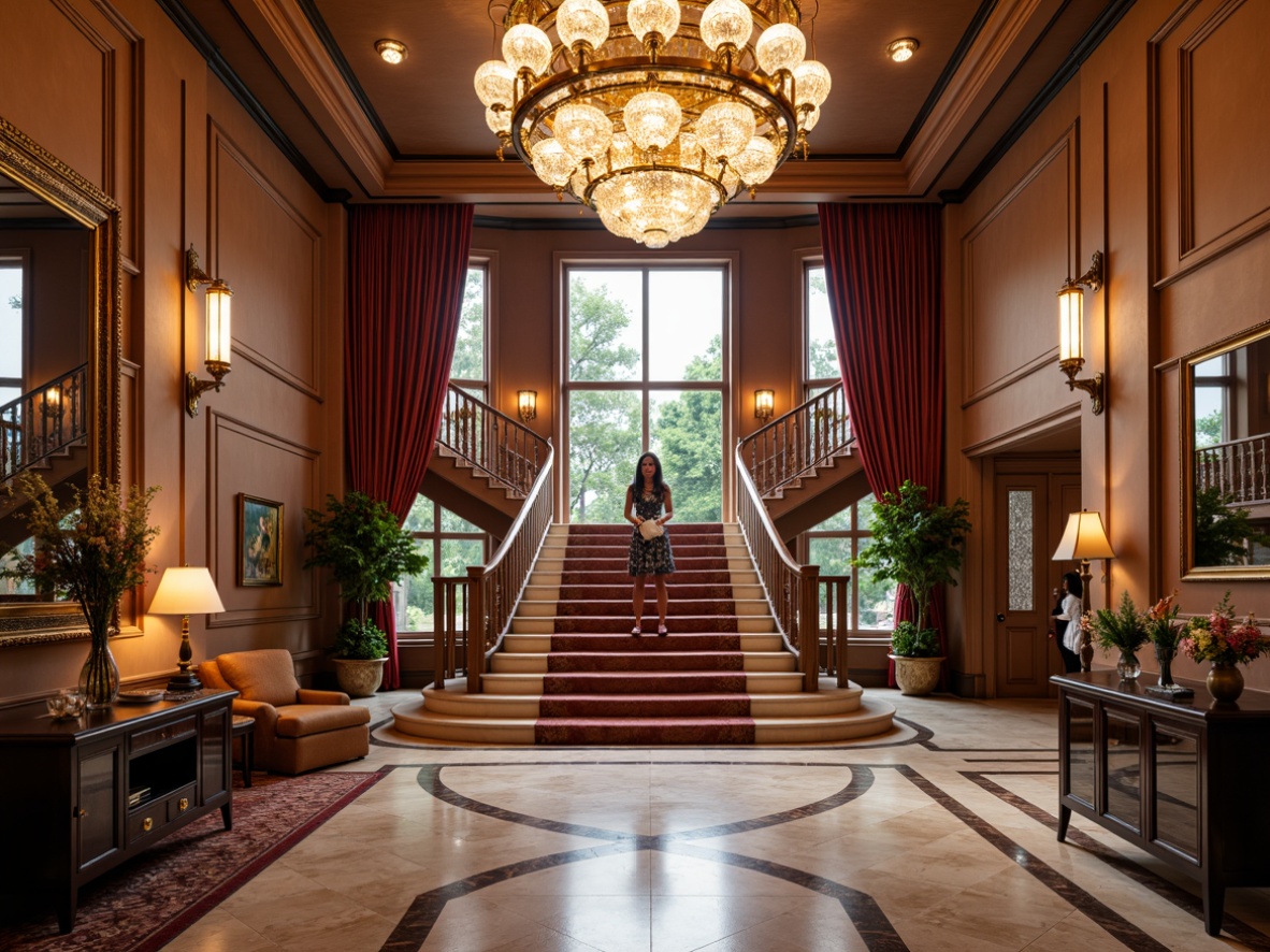 Prompt: Elegant entrance hall, luxurious chandelier, grand staircase, ornate mirrors, lavish furnishings, sophisticated color palette, polished marble floor, intricate moldings, stately columns, opulent drapery, sparkling crystal decorations, vibrant floral arrangements, inviting seating area, dramatic lighting effects, shallow depth of field, 1/1 composition, warm atmospheric glow.