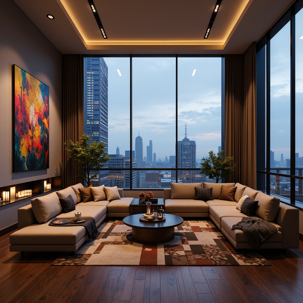 Prompt: Modern living room, sleek lines, minimalist decor, floor-to-ceiling windows, urban city view, warm ambiance, soft glowing lights, LED strips, hidden light sources, ambient illumination, dramatic shadows, metallic accents, polished chrome fixtures, crystal chandeliers, geometric patterns, textured rugs, natural wood flooring, plush sofas, abstract artwork, vibrant color schemes, 1/1 composition, low-key lighting, realistic reflections, subtle animations.