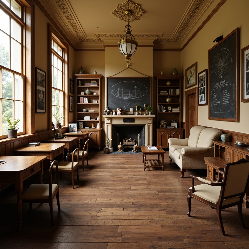 Prompt: Traditional wooden desks, vintage chairs, nostalgic blackboards, classic chalkboards, warm beige walls, rustic wooden floors, cozy reading nooks, comfortable plush sofas, ornate wooden shelves, antique globes, vintage educational posters, soft warm lighting, shallow depth of field, 3/4 composition, panoramic view, realistic textures, ambient occlusion.