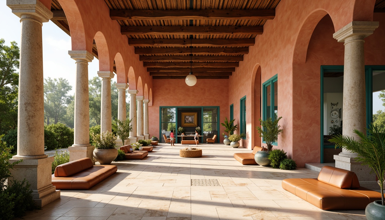 Prompt: Warm terracotta walls, creamy marble floors, turquoise accents, lush greenery, natural stone columns, wooden ceiling beams, earthy brown leather seating, vibrant ceramic tiles, airy open spaces, abundant sunlight, warm soft lighting, shallow depth of field, 3/4 composition, realistic textures, ambient occlusion.