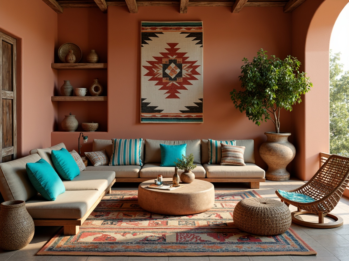 Prompt: Vibrant turquoise accents, woven Native American-patterned rugs, rustic wooden furniture, earthy clay pottery, colorful woven baskets, natural fiber textiles, geometric tribal-inspired wall art, warm desert-toned color palette, plush Moroccan-style ottomans, reclaimed wood shelving, woven hammock chairs, soft warm lighting, ambient occlusion, shallow depth of field, 3/4 composition, realistic textures.