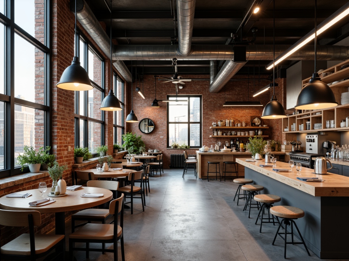 Prompt: Industrial breakfast nook, exposed brick walls, metal beams, concrete floors, minimalist decor, modern pendant lights, warm ambient lighting, softbox diffusers, LED strip lights, under-cabinet task lighting, stainless steel appliances, polished chrome fixtures, reclaimed wood accents, urban loft atmosphere, morning sunlight, 1/1 composition, shallow depth of field, realistic textures, ambient occlusion.