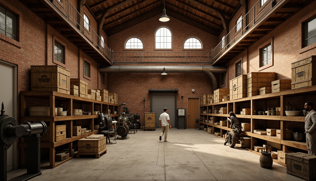 Prompt: Industrial storage room, exposed brick walls, metal shelving units, wooden crates, vintage machinery, distressed finishes, earthy tones, rich wood accents, warm beige colors, soft golden lighting, 1/2 composition, shallow depth of field, realistic textures, ambient occlusion.