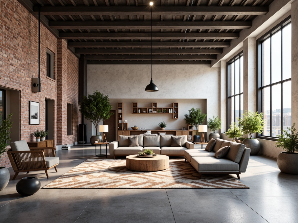 Prompt: Exposed brick walls, polished concrete floors, industrial metal beams, minimalist chic decor, abundant natural light, floor-to-ceiling windows, sleek modern furniture, geometric patterned rugs, urban loft ambiance, open-plan living areas, functional modular shelving, reclaimed wood accents, metallic color schemes, airy high ceilings, simplified ornamentation, industrial-chic lighting fixtures, atmospheric shadows, shallow depth of field, 2/3 composition, realistic textures, ambient occlusion.