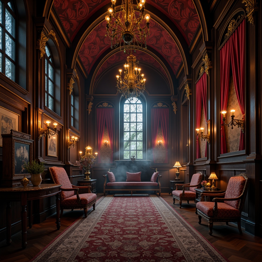 Prompt: \Richly ornate Gothic interior, mysterious dark wood paneling, luxurious velvet drapes, crimson red accent walls, golden metal fixtures, intricate stone carvings, grand chandeliers, lavish furnishings, mystical lanterns, dim warm lighting, atmospheric fog effect, shallow depth of field, 1/1 composition, cinematic view, highly detailed textures, ambient occlusion.\