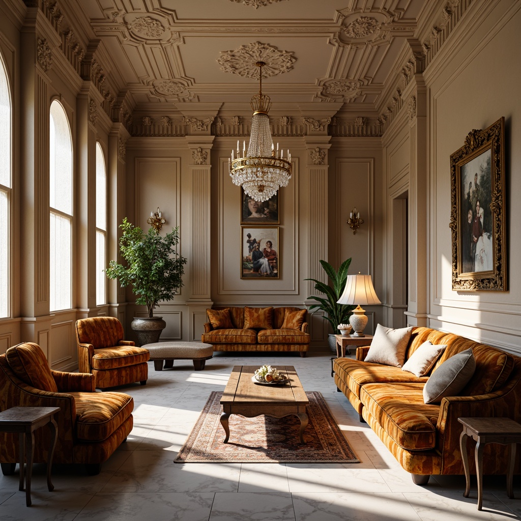 Prompt: Elegant neoclassical interior, ornate furnishings, curved lines, intricately carved wood, gilded accents, velvet upholstery, tufted sofas, ornamental mirrors, crystal chandeliers, marble floors, high ceilings, grand architectural details, symmetrical compositions, subtle color palette, soft warm lighting, 1/1 composition, realistic textures, ambient occlusion.