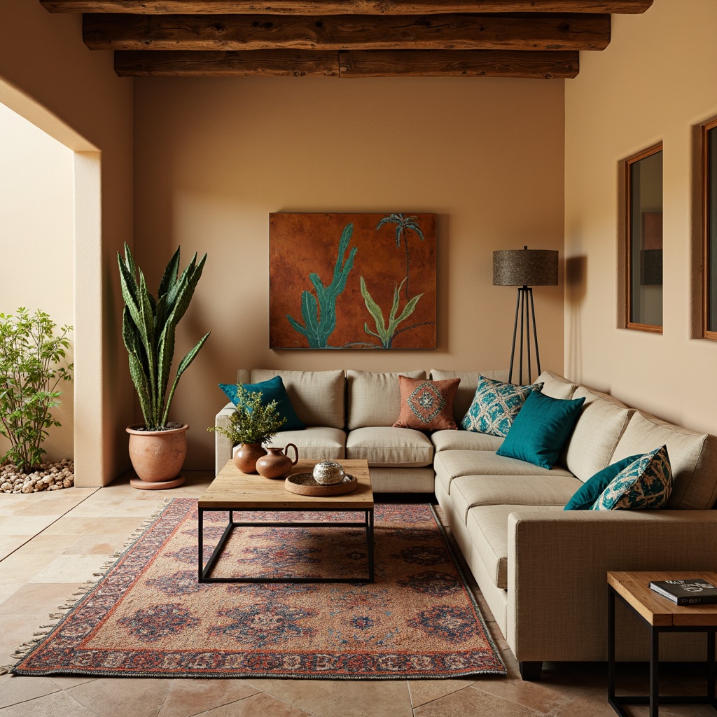 Prompt: Southwestern-style living room, warm beige walls, rustic wooden furniture, vibrant turquoise accents, woven textiles, patterned rugs, geometric-shaped decorative pillows, natural stone flooring, earthy terracotta vases, cacti plants, desert-inspired artwork, modern minimalistic coffee table, sleek metal lamp stands, soft warm lighting, shallow depth of field, 1/1 composition, realistic textures, ambient occlusion.