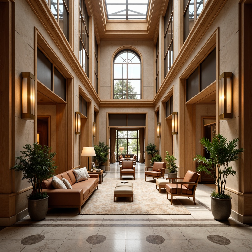 Prompt: Rich wood tones, warm beige walls, elegant cream marble, refined bronze accents, stately columns, ornate moldings, high ceilings, spacious atriums, natural light pouring in, subtle warm lighting, richly textured carpets, luxurious leather furnishings, classic traditional furniture, sophisticated neutral color palette, dignified atmosphere, 1/1 composition, soft focus, shallow depth of field, realistic textures.