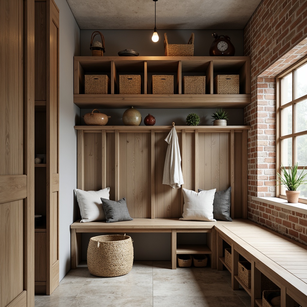 Prompt: Modern mudroom, sleek storage units, wooden cabinetry, metal shelving, woven baskets, natural textiles, earthy tones, minimalist decor, industrial chic accents, exposed brick walls, polished concrete floors, modern farmhouse style, open shelving, geometric patterns, warm ambient lighting, shallow depth of field, 1/1 composition, realistic textures.