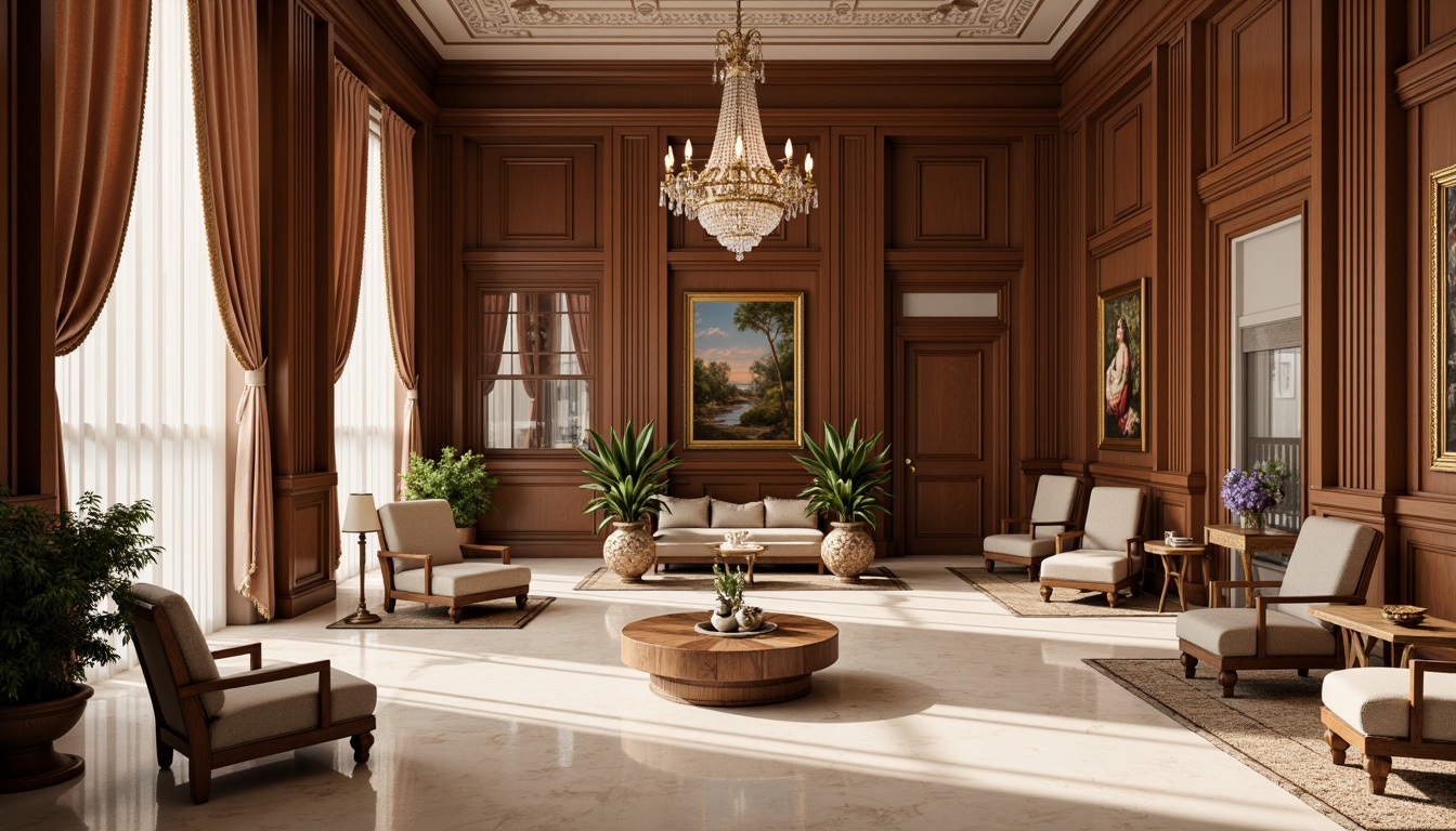 Prompt: Elegant pavilion interior, neoclassical architecture, ornate furnishings, luxurious fabrics, rich wood tones, carved wooden accents, intricate moldings, symmetrical compositions, refined proportions, sophisticated color palette, cream marble floors, crystal chandeliers, plush velvet sofas, gilded frames, classic oil paintings, subtle lighting, soft warm glow, 1/1 composition, realistic textures, ambient occlusion.