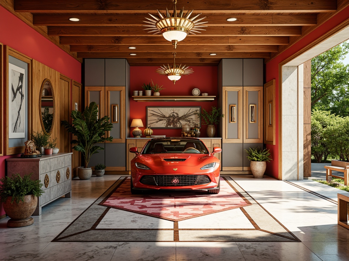 Prompt: Vibrant family garage, bold geometric patterns, metallic accents, luxurious marble floors, ornate chrome fixtures, opulent velvet drapes, rich wood tones, statement lighting fixtures, sunburst motifs, zigzag designs, bold color blocking, contrasting neutral backgrounds, lavish golden hardware, retro-futuristic vibe, morning sunlight, warm softbox lighting, shallow depth of field, 1/2 composition, realistic textures, ambient occlusion.